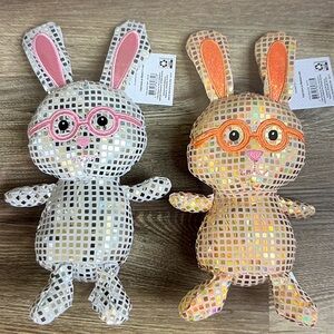 2 Sequin Disco Bunny Rabbit Plush Doll Toy Silver & Gold Way to Celebrate Easter